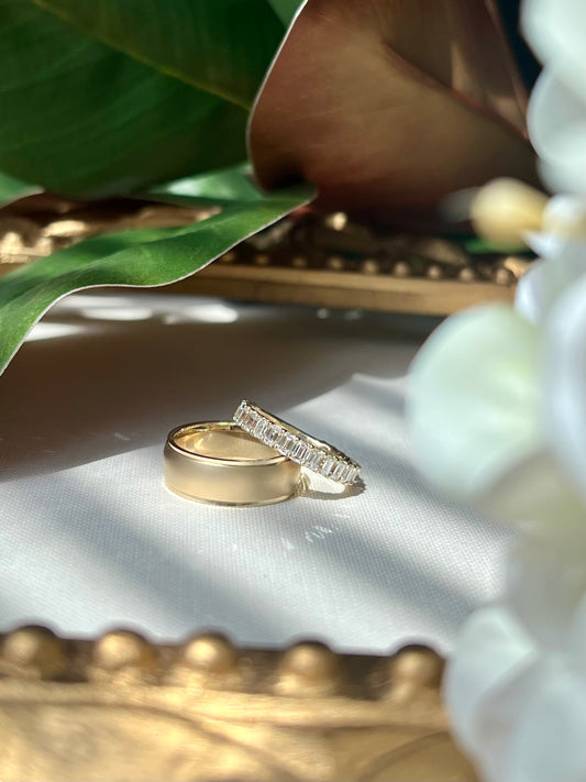 Custom 18kt yg lab grown emerald cut wedding band 3/4 eternity